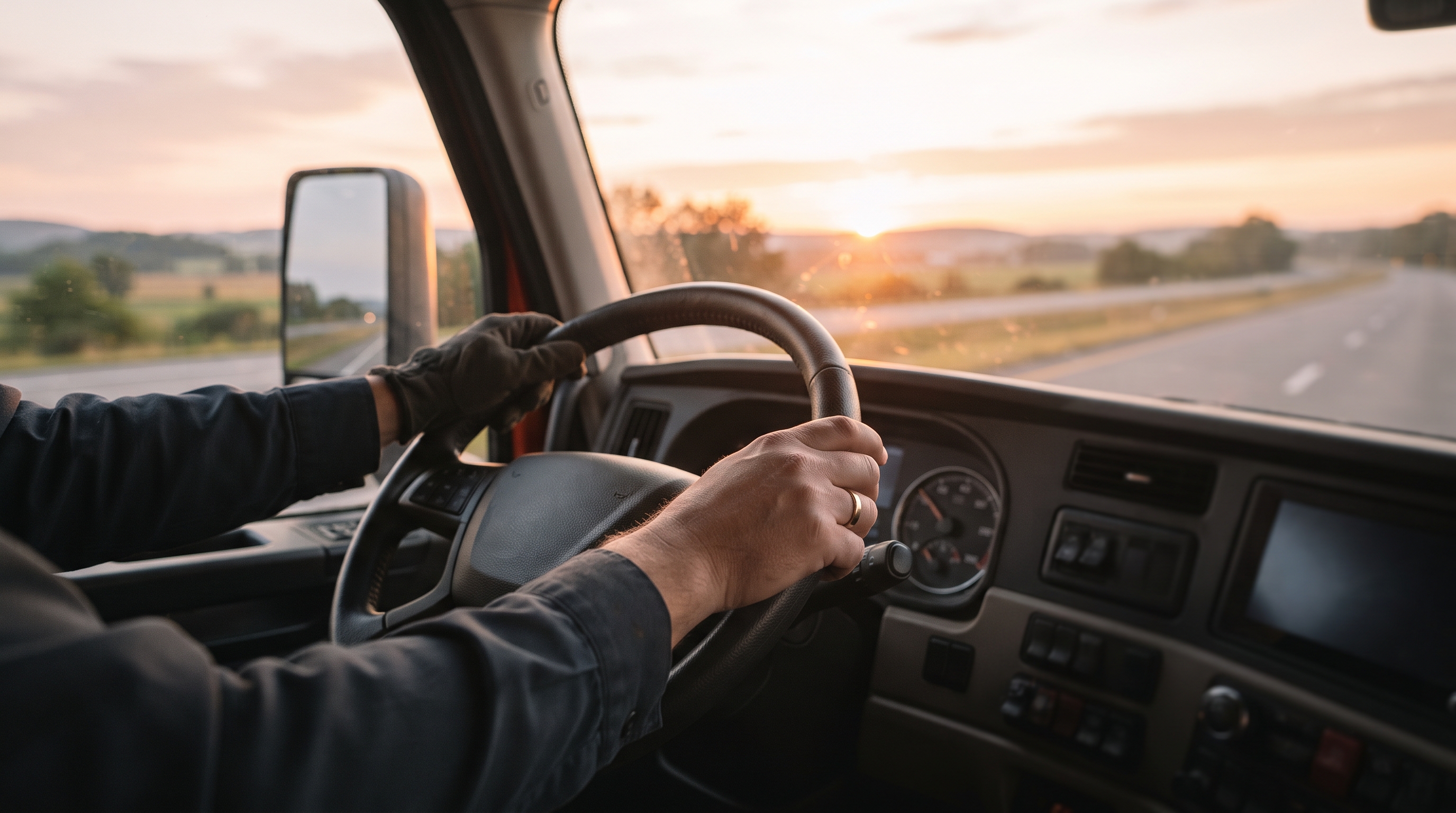 ASA Transport driver behind the wheel at sunset on the open road