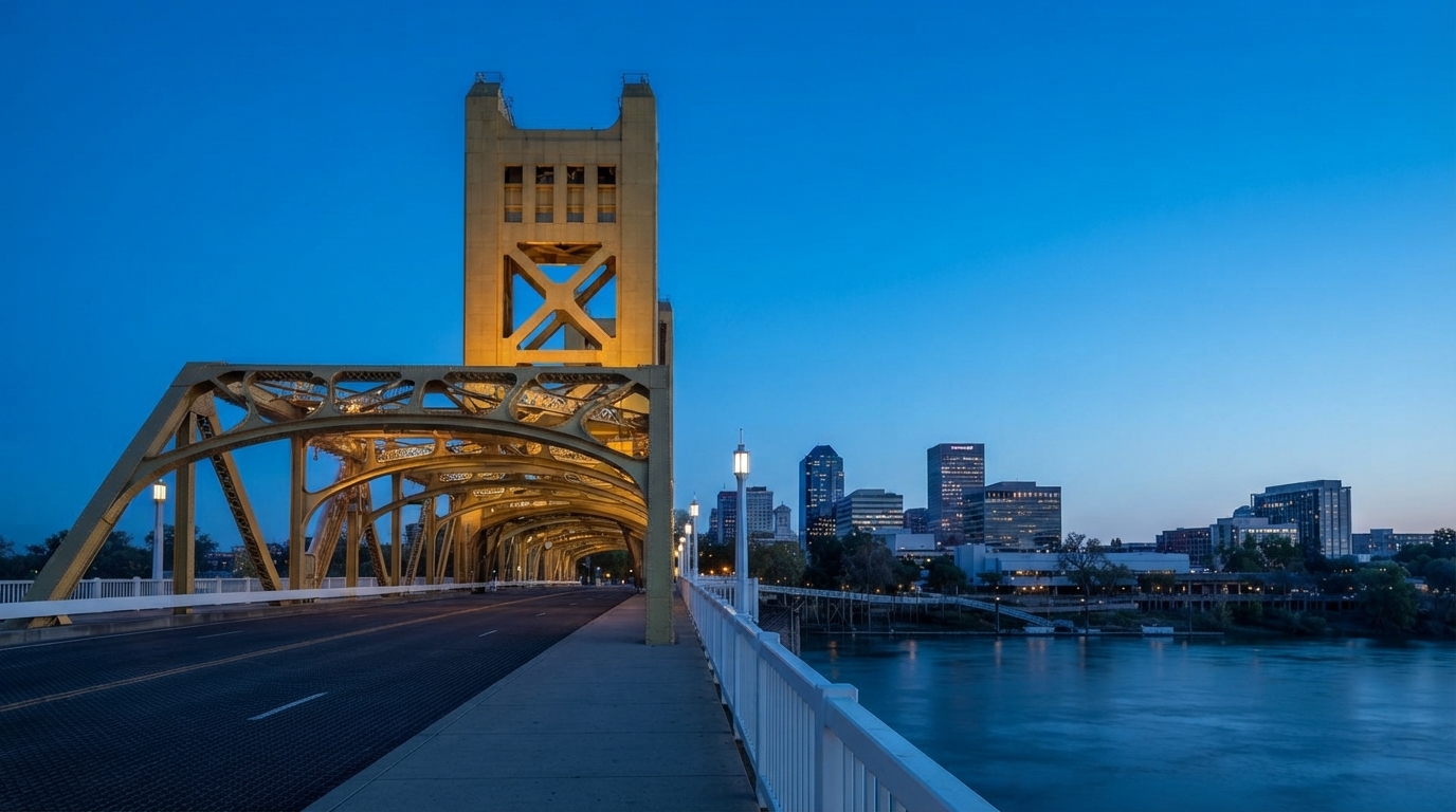 Sacramento Tower Bridge and city skyline at dusk