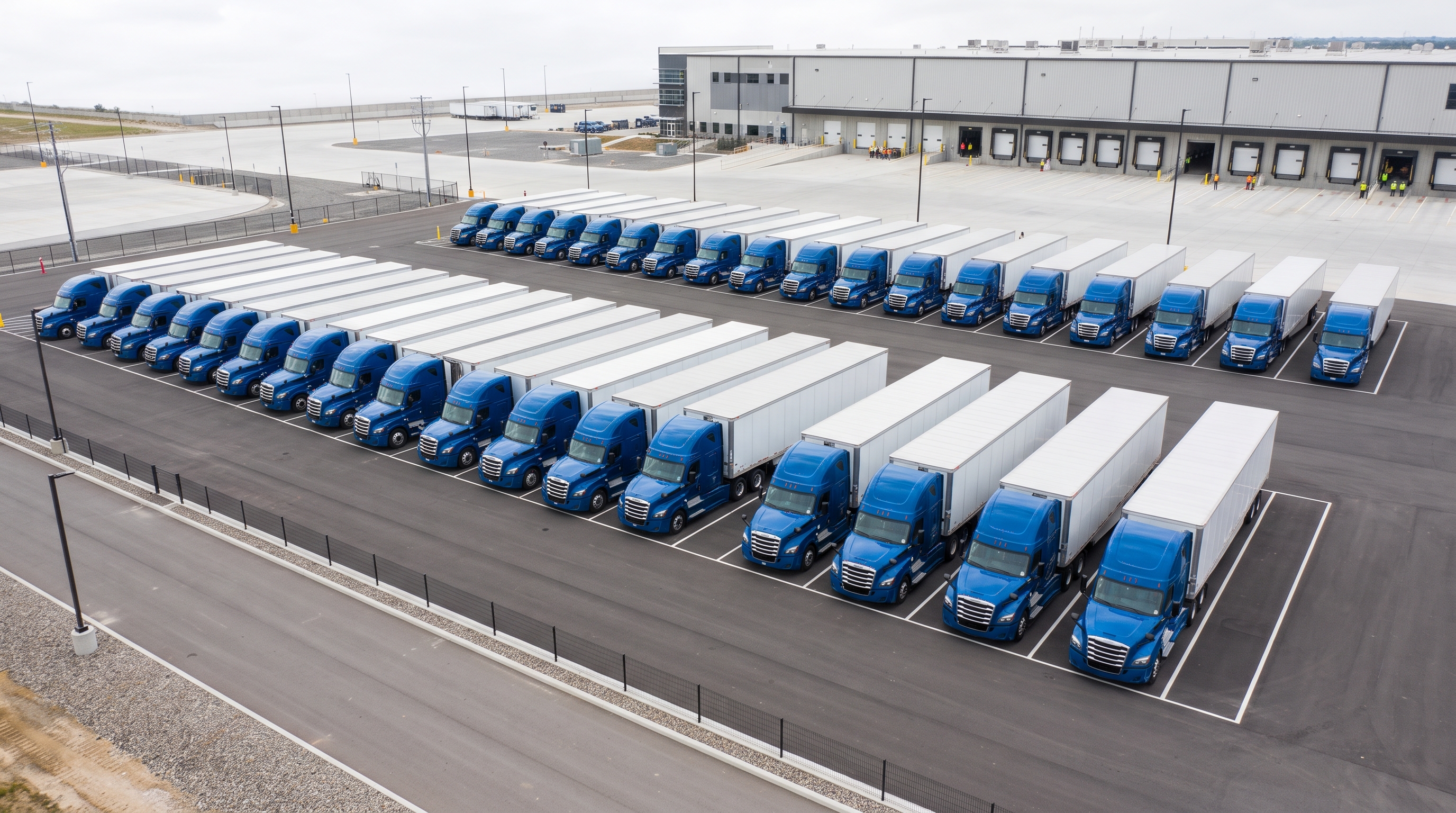 Aerial view of ASA Transport fleet of blue semi-trucks at a logistics yard